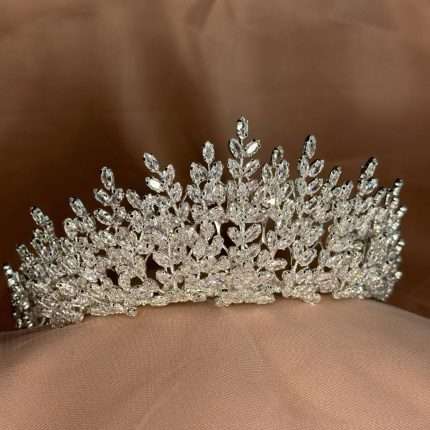 Silver Swarovski crystal bridal tiara with marquise leaf stones, front view