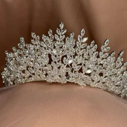 Close-up of the marquise Swarovski crystals and cubic zirconia leaves on the silver tiara