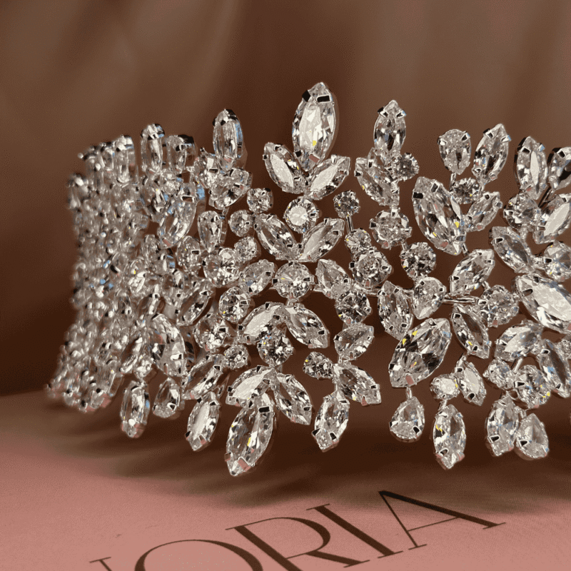 Crystal headpiece for bride to be placed on Elnoria's pink gift box