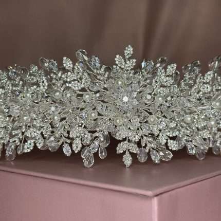 Flower Tiara Pearl Crystal Headband, pearl crown headband with Swarovski crystals, white pearls and CZ