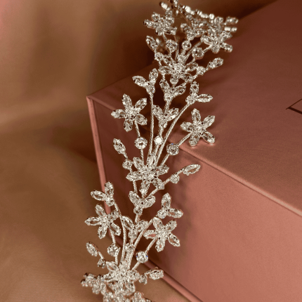 Ethereal Flowery Headband for Bride, flower headband for bride with clear cubic zirconia on a silver-plated band