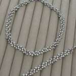 Pear and marquise CZ bridal bracelet with matching cluster earrings, wedding jewelry set detail