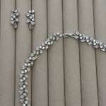 CZ leaf cluster bridal necklace and bracelet set with pear marquise stones, elegant wedding accessories