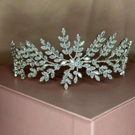 Crystal Leaf Headband, silver leaf wedding headband with marquise and round CZ leaf clusters