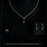 Tears of Joy Bridal Set featuring a rhodium-plated cubic zirconia pear-drop necklace, drop earrings, tennis bracelet, and ring on a black display.
