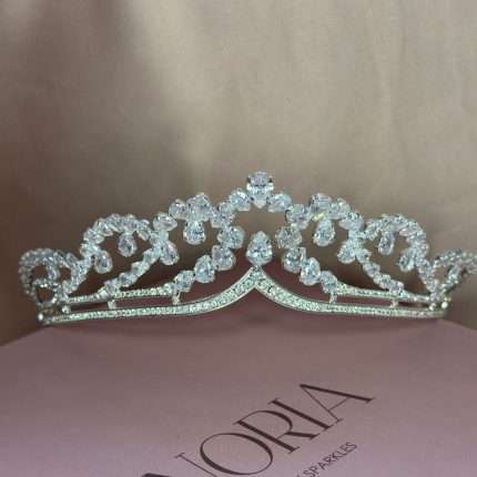 Princess Rajwa–inspired bridal tiara crown, matching the design worn by Princess Rajwa (wife of Crown Prince Hussein of Jordan), featuring Swarovski and CZ pear- and round-cut crystals.