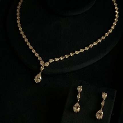 Rhodium-plated CZ pear-drop necklace and drop earrings bridal set.