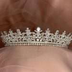 Front view of The Crystal Conservatory Crown silver bridal tiara with Swarovski and CZ crystals in pear, marquise, and round shapes.