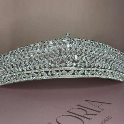 Close-up of Swarovski & CZ bridal tiara with pear, marquise and round crystals.