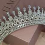 Close-up of Teardrop Royale Tiara showing pear teardrop Swarovski & CZ peaks with marquise floral crystal details.