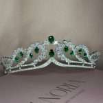 Emerald green crystal bridal tiara crown with clear Swarovski and CZ stones in pear and round shapes, silver finish.