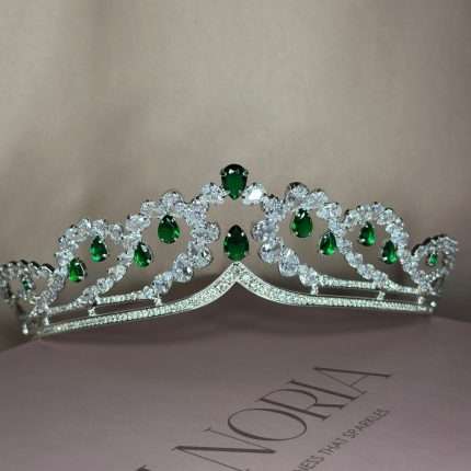 Emerald green crystal bridal tiara crown with clear Swarovski and CZ stones in pear and round shapes, silver finish.