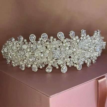 Eternal Pearl Shine Headband, luxury pearl bridal headband with ivory pearls, Swarovski accents and CZ pear drops