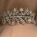 Front view floral bridal headband with marquise and round CZ crystals in a silver vine design.