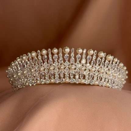 Moonlit Pearl Tiara, pearl bridal tiara with pearls and pear, marquise and round CZ
