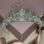 Front view of the Princess Luster Pearl Bridal Tiara with Swarovski crystals, CZ sparkle, pearl accents, and silver scrollwork.