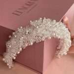 Rhinestone pearl bridal headband with cubic zirconia, pearls and clear crystals, silver plated