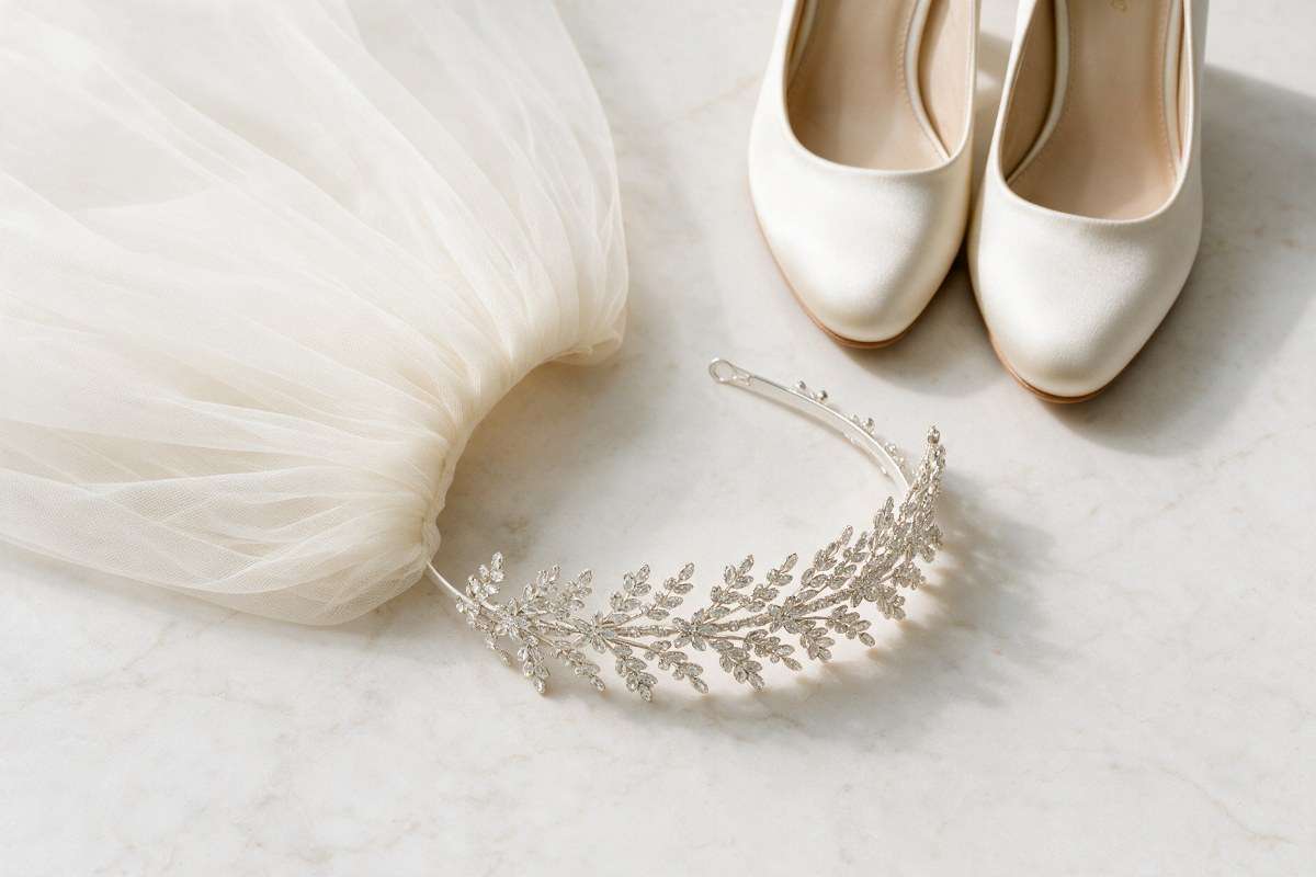 Crystal bridal headband, ivory veil and satin wedding shoes laid out together on marble