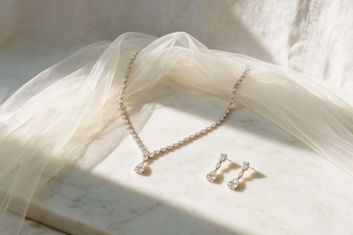 Bridal necklace and teardrop earrings on marble beside a folded ivory veil