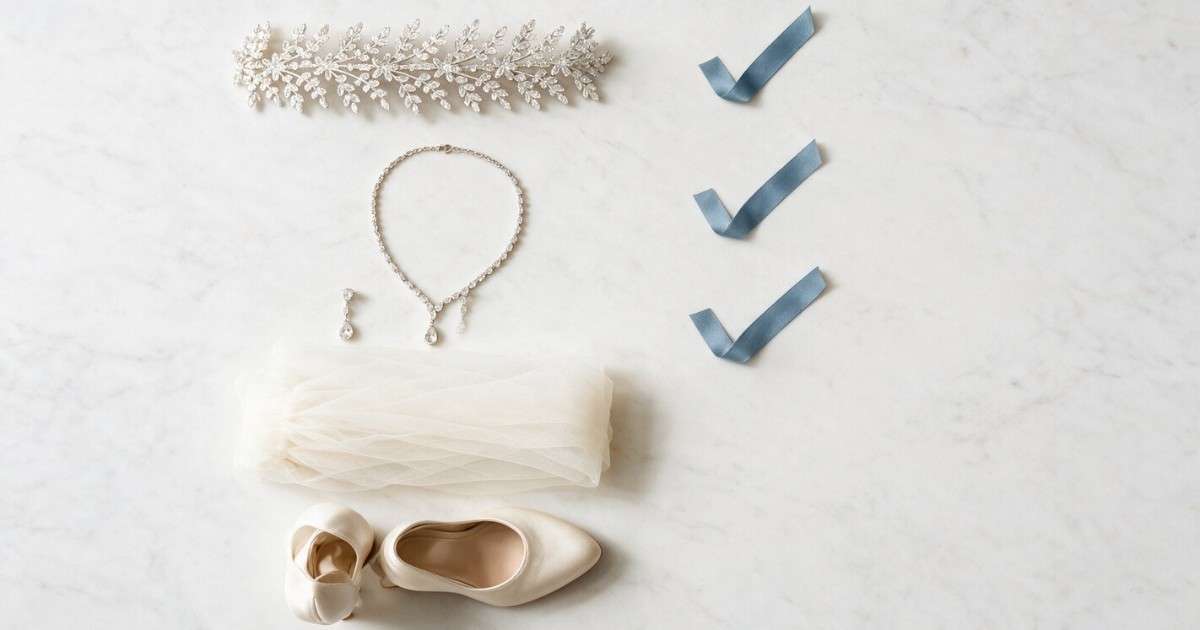 Bridal accessories laid out as a checklist on marble: crystal headband, necklace, earrings, veil and shoes, with blue ribbons folded into tick marks beside the items already bought