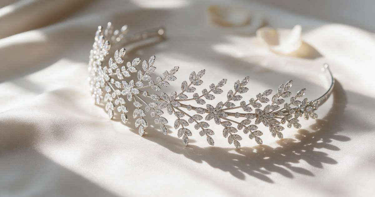 Crystal leaf garland bridal headband lying on ivory silk in soft daylight