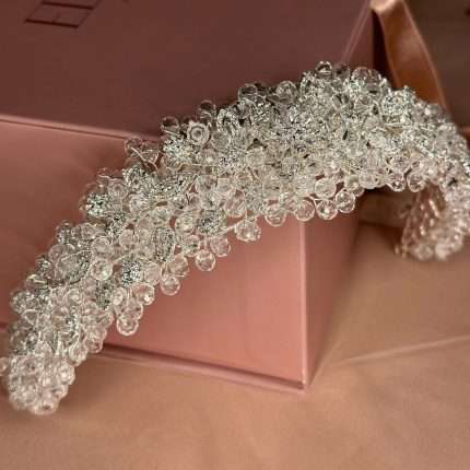 Silver crystal bridal headband with clear crystals and cubic zirconia flowers, handmade by Elnoria