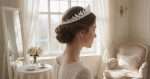Bride with a low chignon wearing a mixed pearl and crystal bridal tiara in soft window light