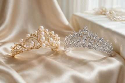 Pearl tiara and crystal tiara side by side on champagne satin