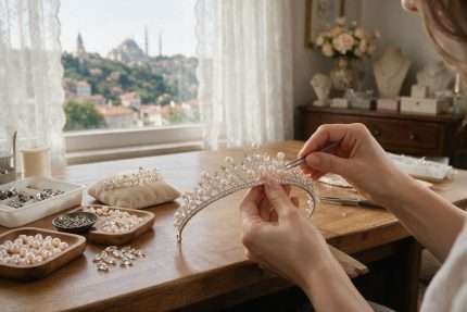 Designer’s hands setting pearls and crystals into a bridal tiara at an Istanbul atelier workbench