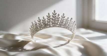 Swarovski crystal bridal tiara with marquise stones standing on ivory silk in daylight