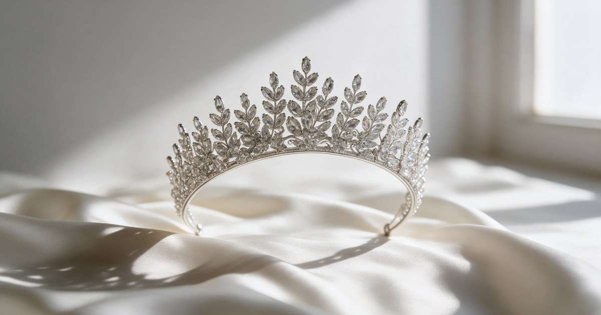 Swarovski crystal bridal tiara with marquise stones standing on ivory silk in daylight
