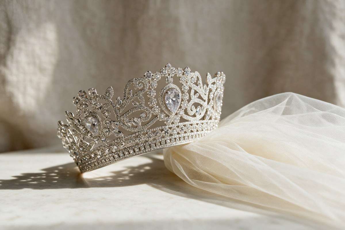 Silver crystal bridal tiara resting on marble beside a folded ivory tulle veil