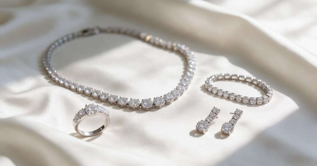 Rhodium plated tennis jewelry set with necklace, bracelet, earrings and ring on ivory silk