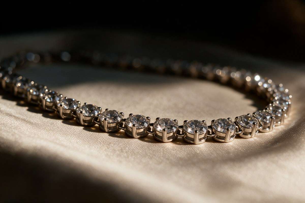 Close up of a tennis necklace showing round cubic zirconia stones each in its own prong setting