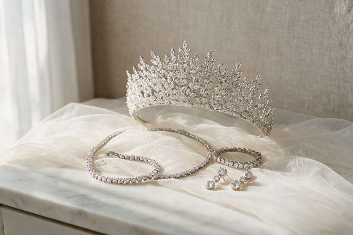 Tennis necklace, bracelet and drop earrings in front of a marquise crystal bridal tiara on an ivory tulle veil