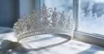 Crystal snowflake bridal tiara beside a frosted window in cold winter daylight