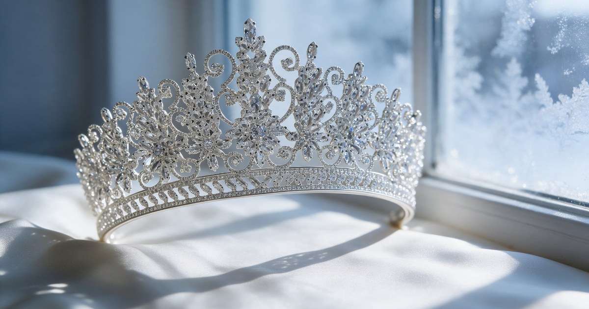 Crystal snowflake bridal tiara beside a frosted window in cold winter daylight