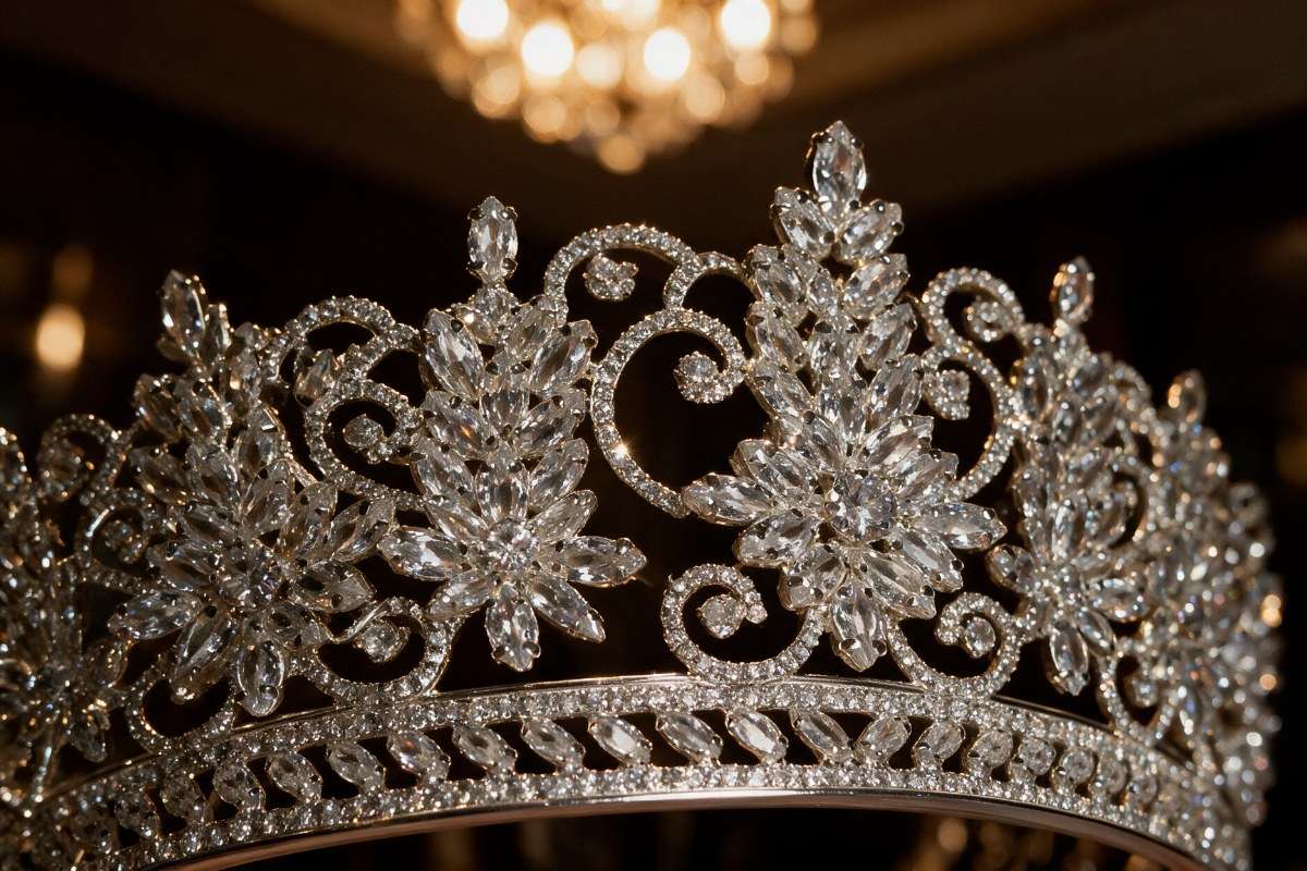 Close up of crystal snowflake clusters on a bridal tiara sparkling under warm chandelier light