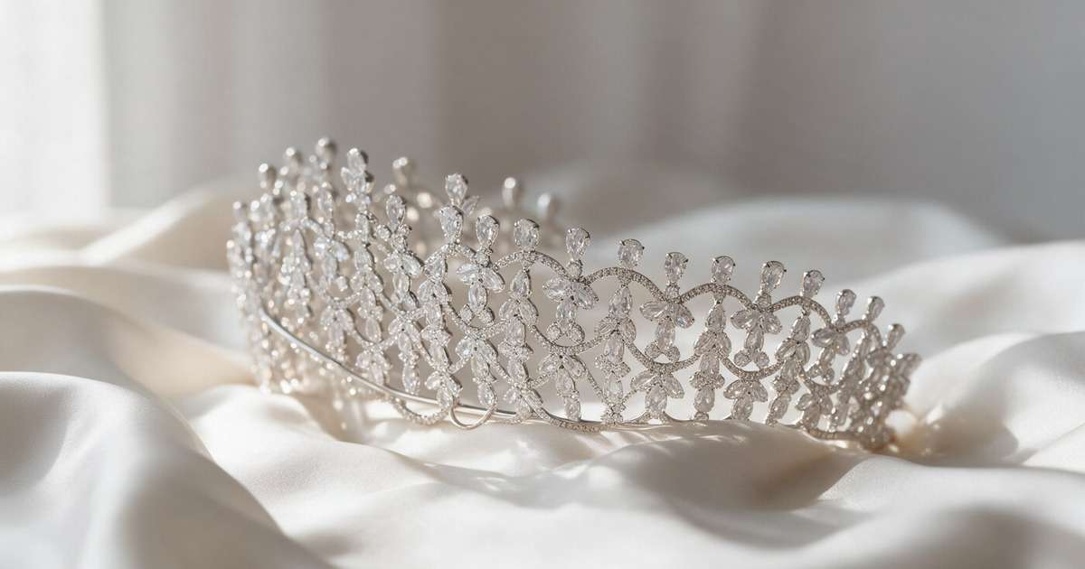 An Elnoria silver floral bridal tiara in profile, built as a continuous run of crystal blooms with no single tall centre.