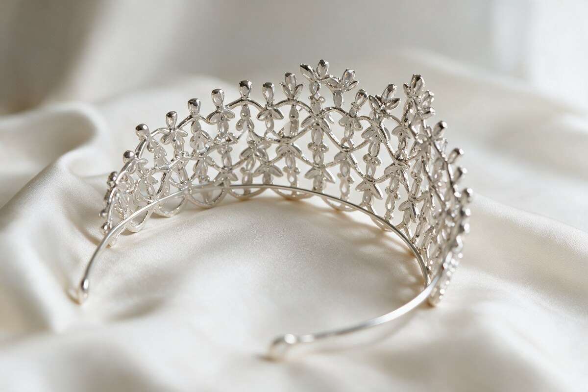 The thin flexible silver-plated base of a handmade bridal tiara, showing how little metal carries the stones.