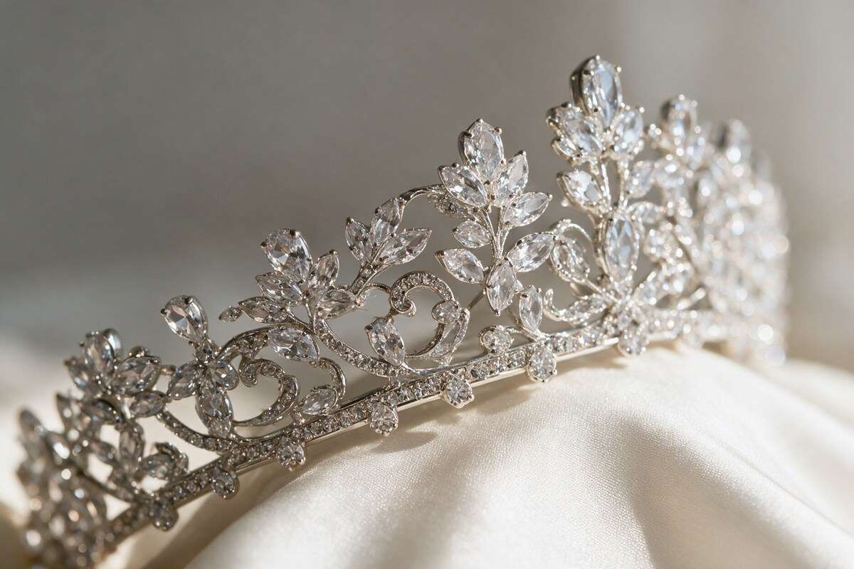Close up of scrolling foliage linking marquise and pear-cut crystal blooms on a silver bridal tiara.